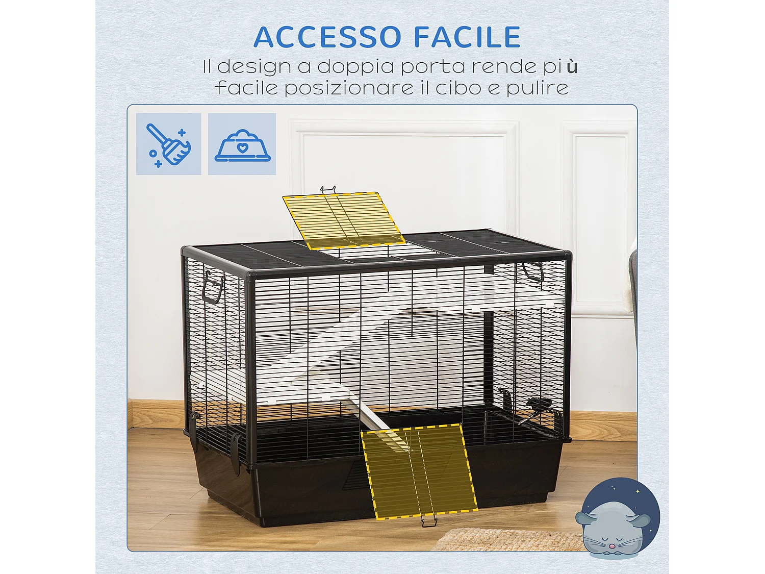 Gabbia per porcellino d'india con maniglia e rampa nera