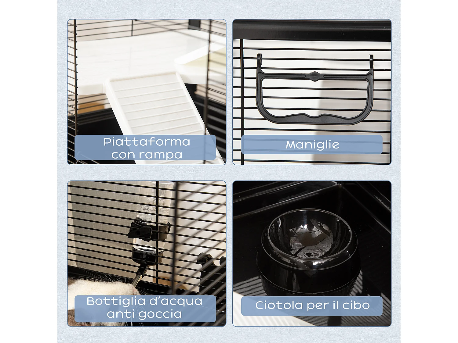 Gabbia per porcellino d'india con maniglia e rampa nera