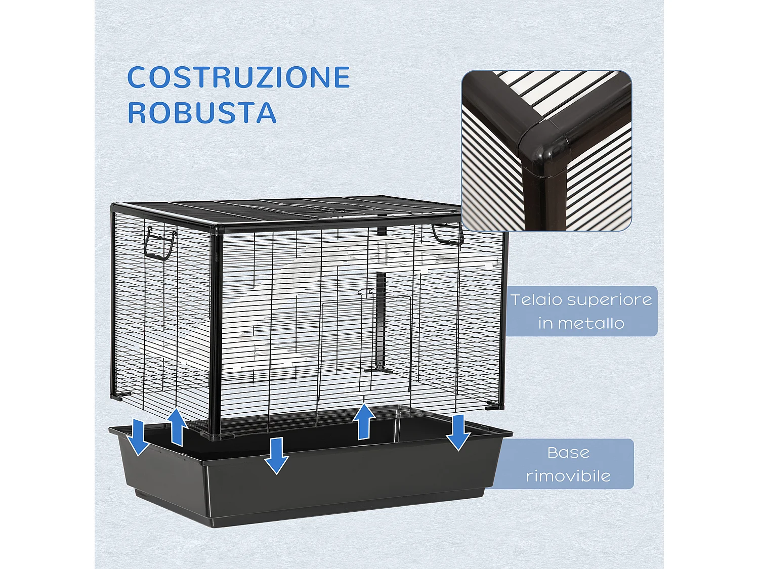 Gabbia per porcellino d'india con maniglia e rampa nera