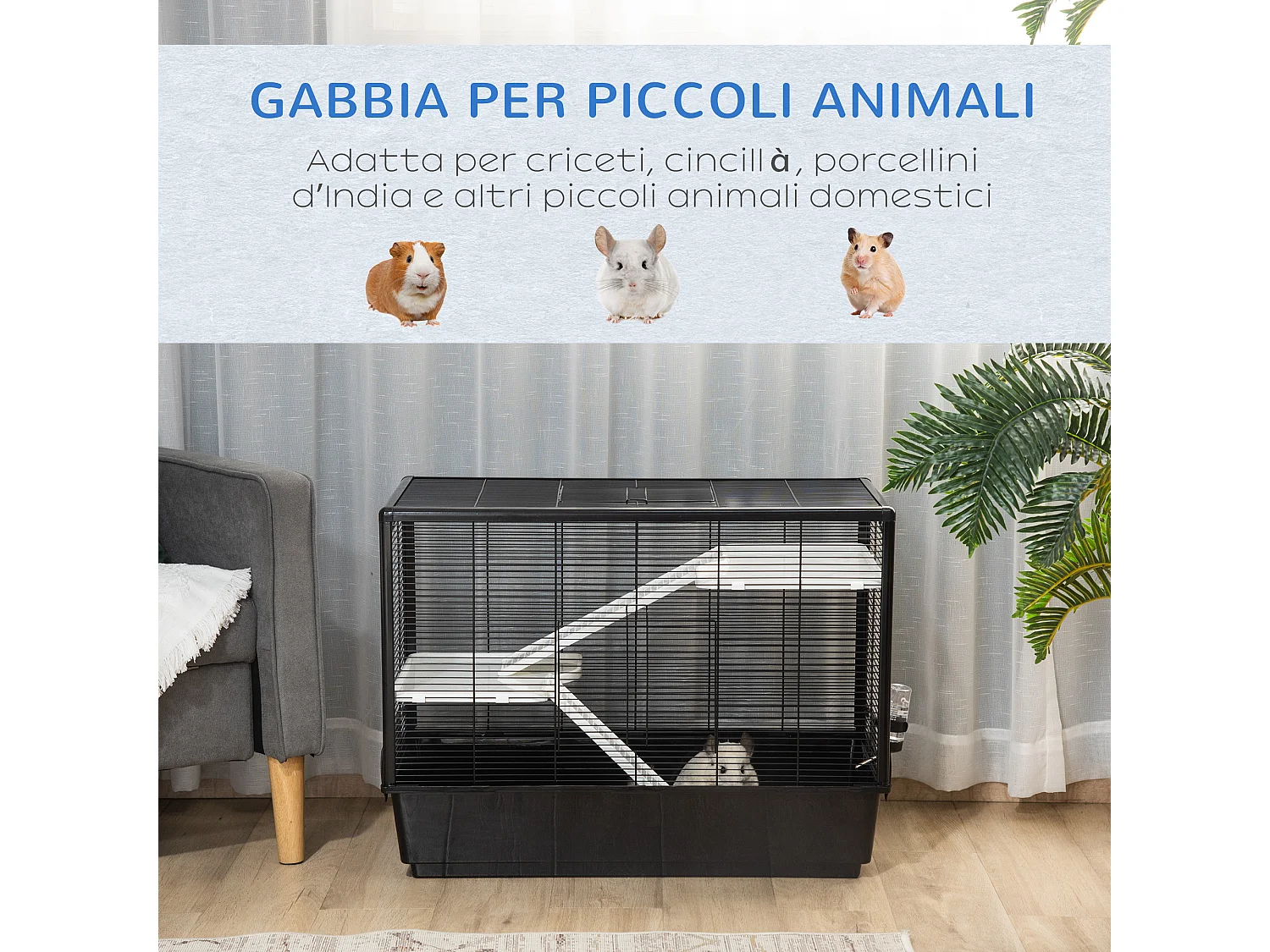 Gabbia per porcellino d'india con maniglia e rampa nera