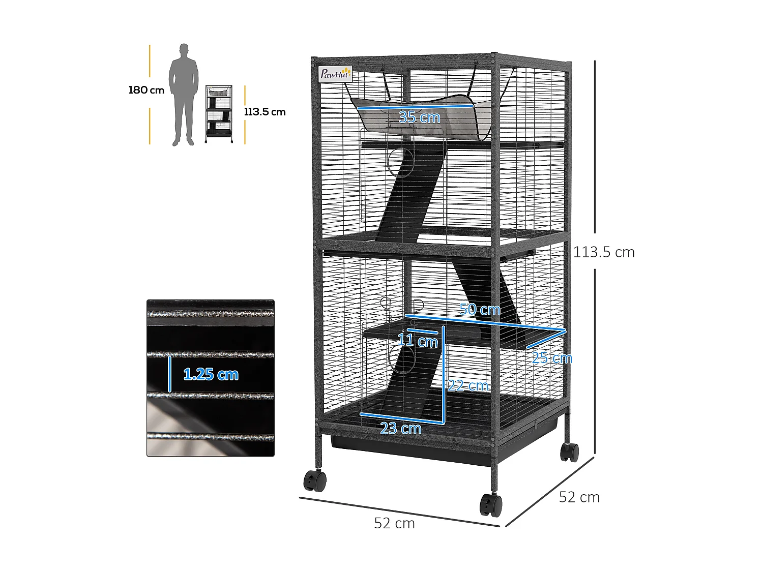Gabbia per piccoli roditori a 3 piani con ruote in acciai grigio