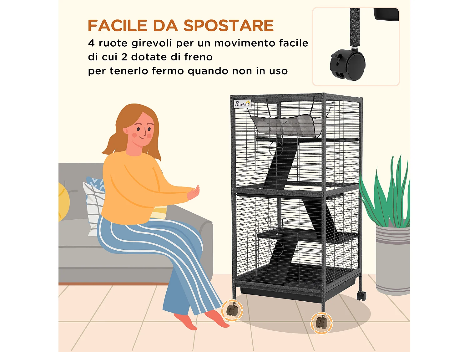 Gabbia per piccoli roditori a 3 piani con ruote in acciai grigio