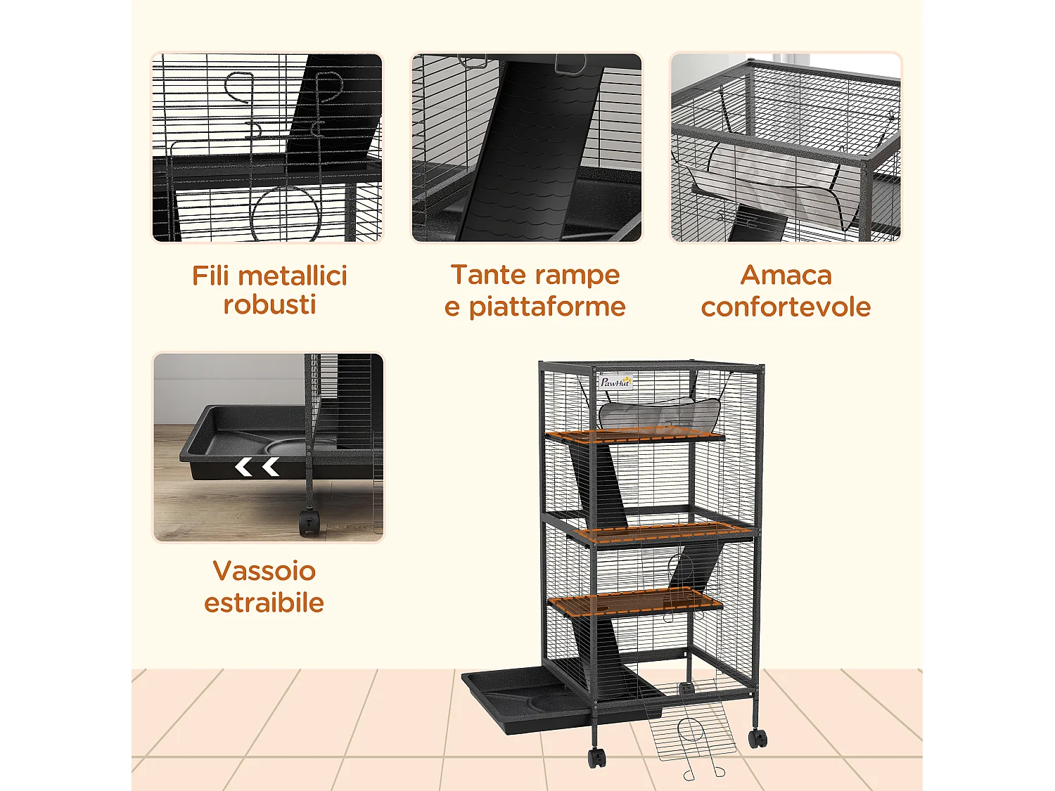 Gabbia per piccoli roditori a 3 piani con ruote in acciai grigio