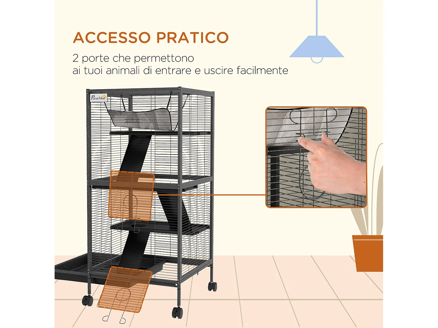 Gabbia per piccoli roditori a 3 piani con ruote in acciai grigio