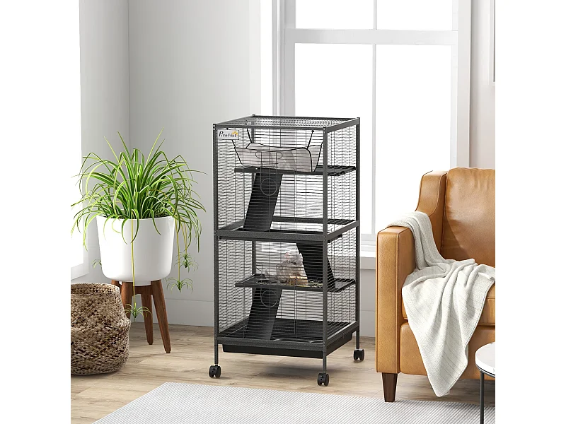 Gabbia per piccoli roditori a 3 piani con ruote in acciai grigio