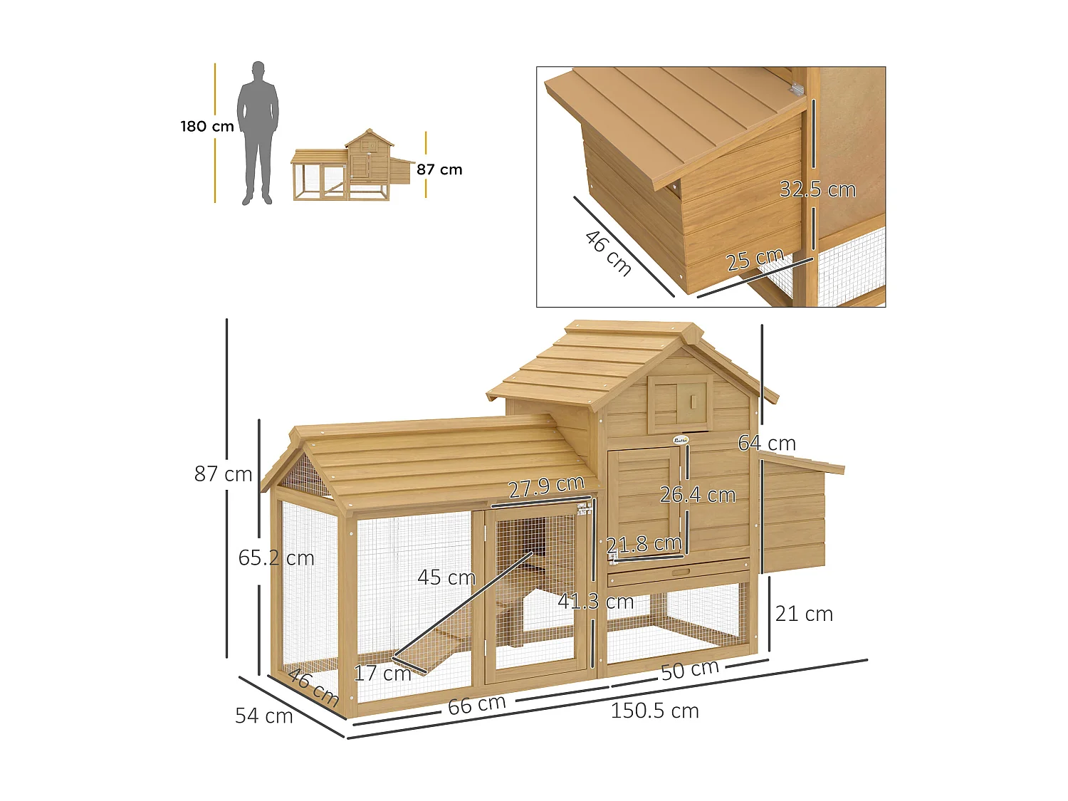 PawHut Pollaio per Galline Ovaiole da Esterno in Legno con Recinzione per Giardino, 150.5x54x87 cm