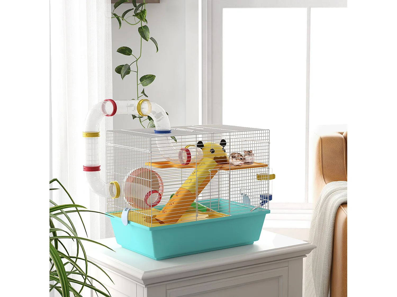 Gabbia per criceti in acciaio con accessori bianco e azzurro