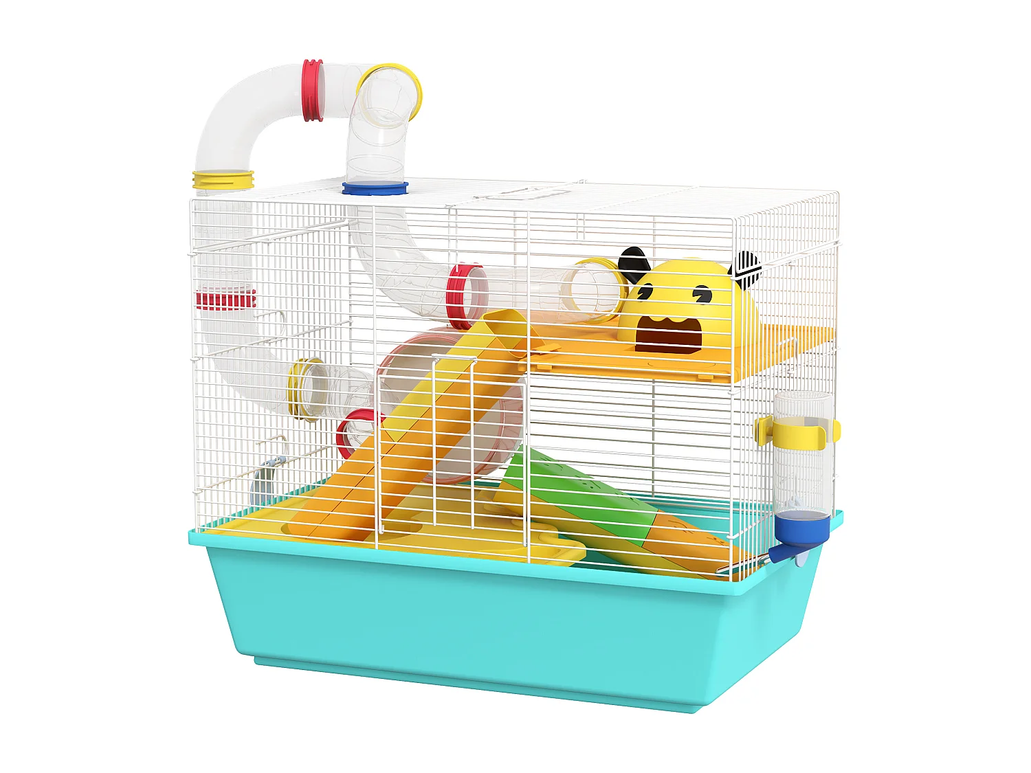 Gabbia per criceti in acciaio con accessori bianco e azzurro