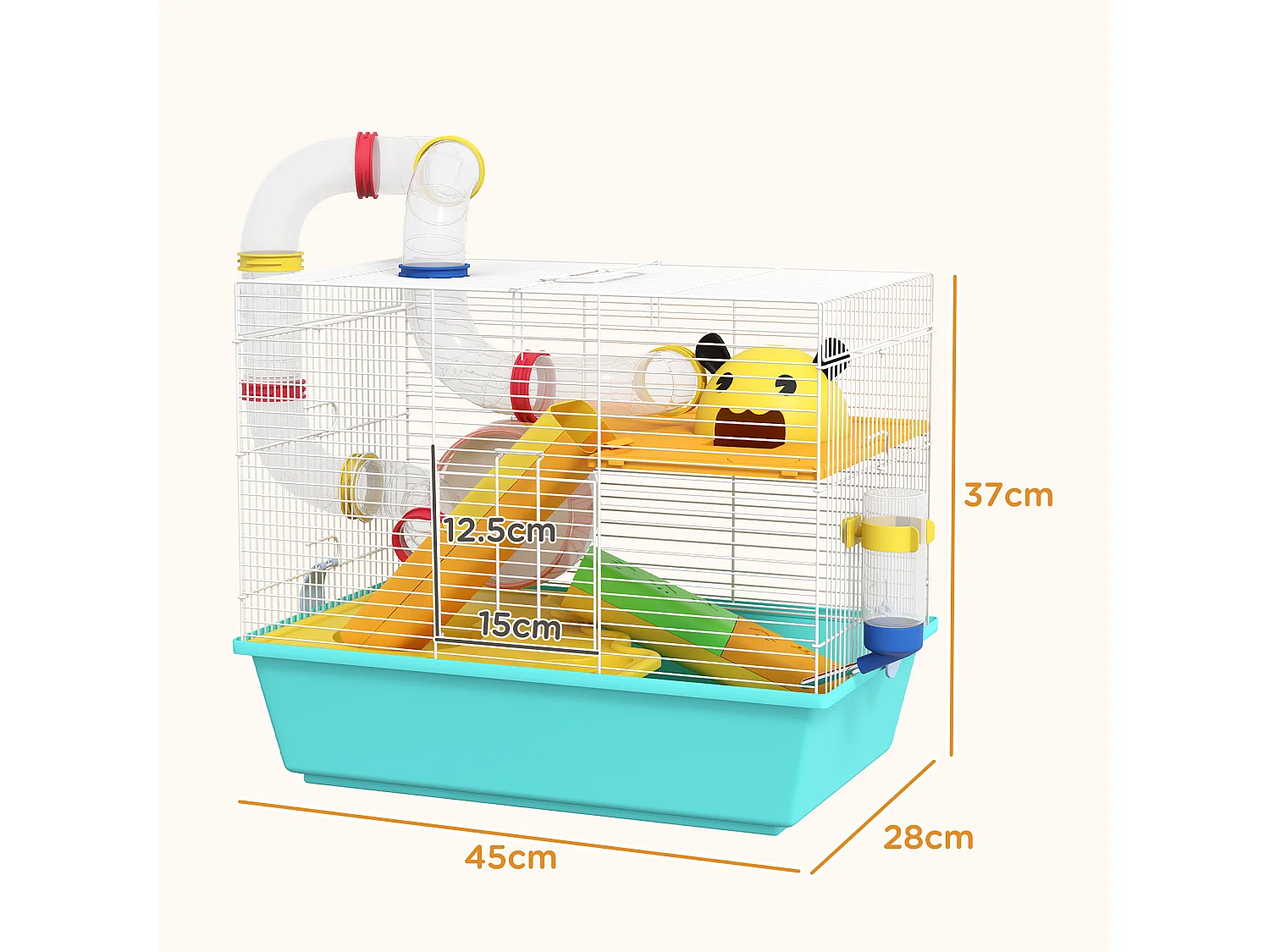 Gabbia per criceti in acciaio con accessori bianco e azzurro