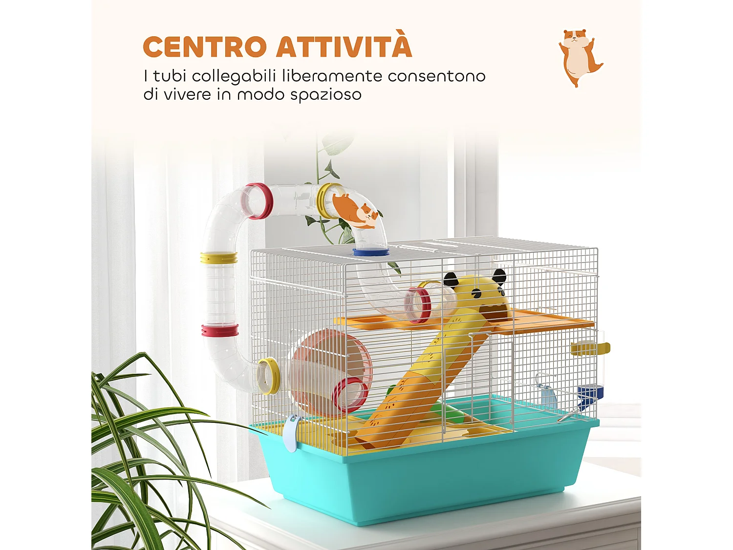 Gabbia per criceti in acciaio con accessori bianco e azzurro