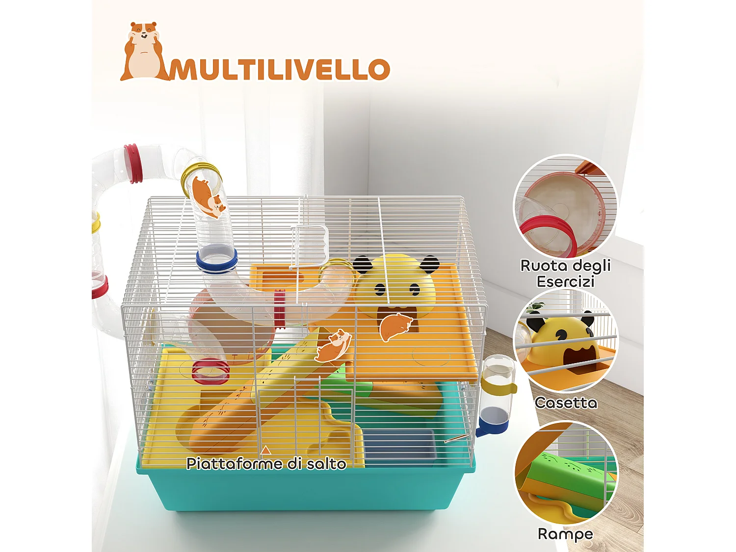 Gabbia per criceti in acciaio con accessori bianco e azzurro