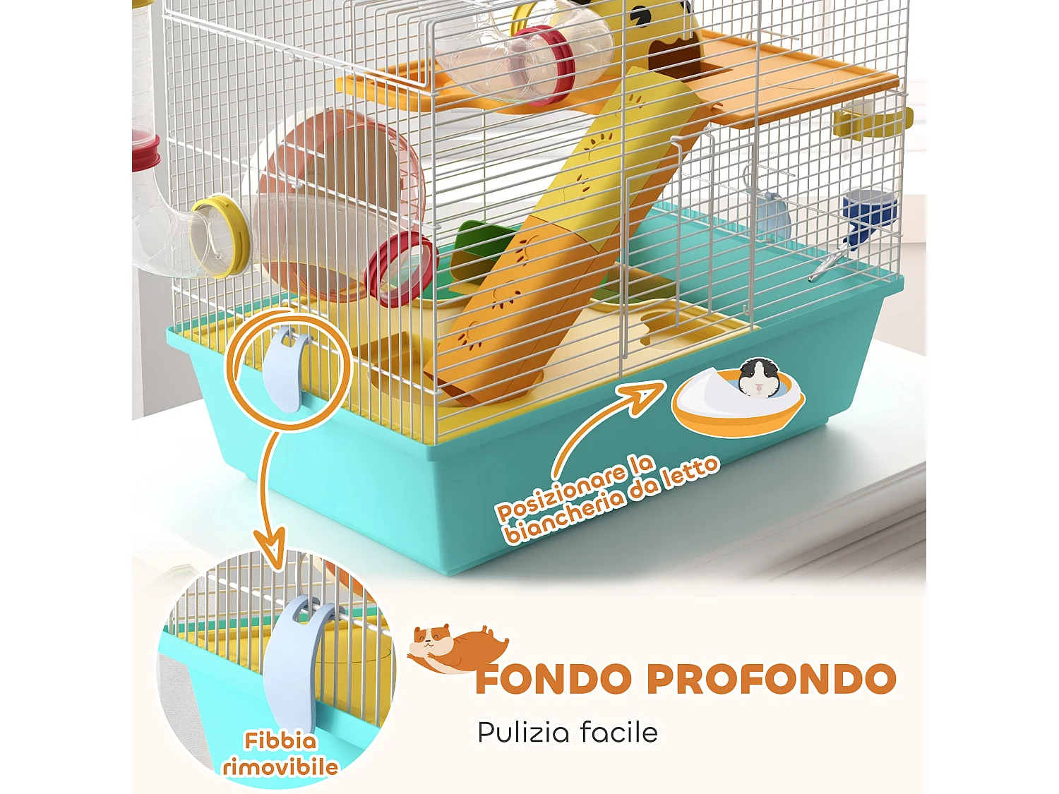 Gabbia per criceti in acciaio con accessori bianco e azzurro