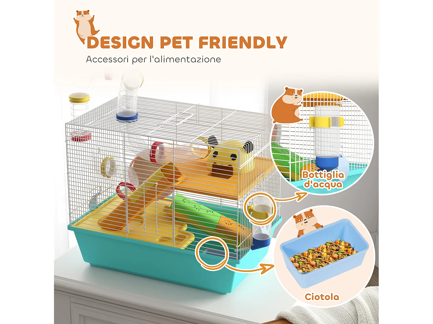 Gabbia per criceti in acciaio con accessori bianco e azzurro