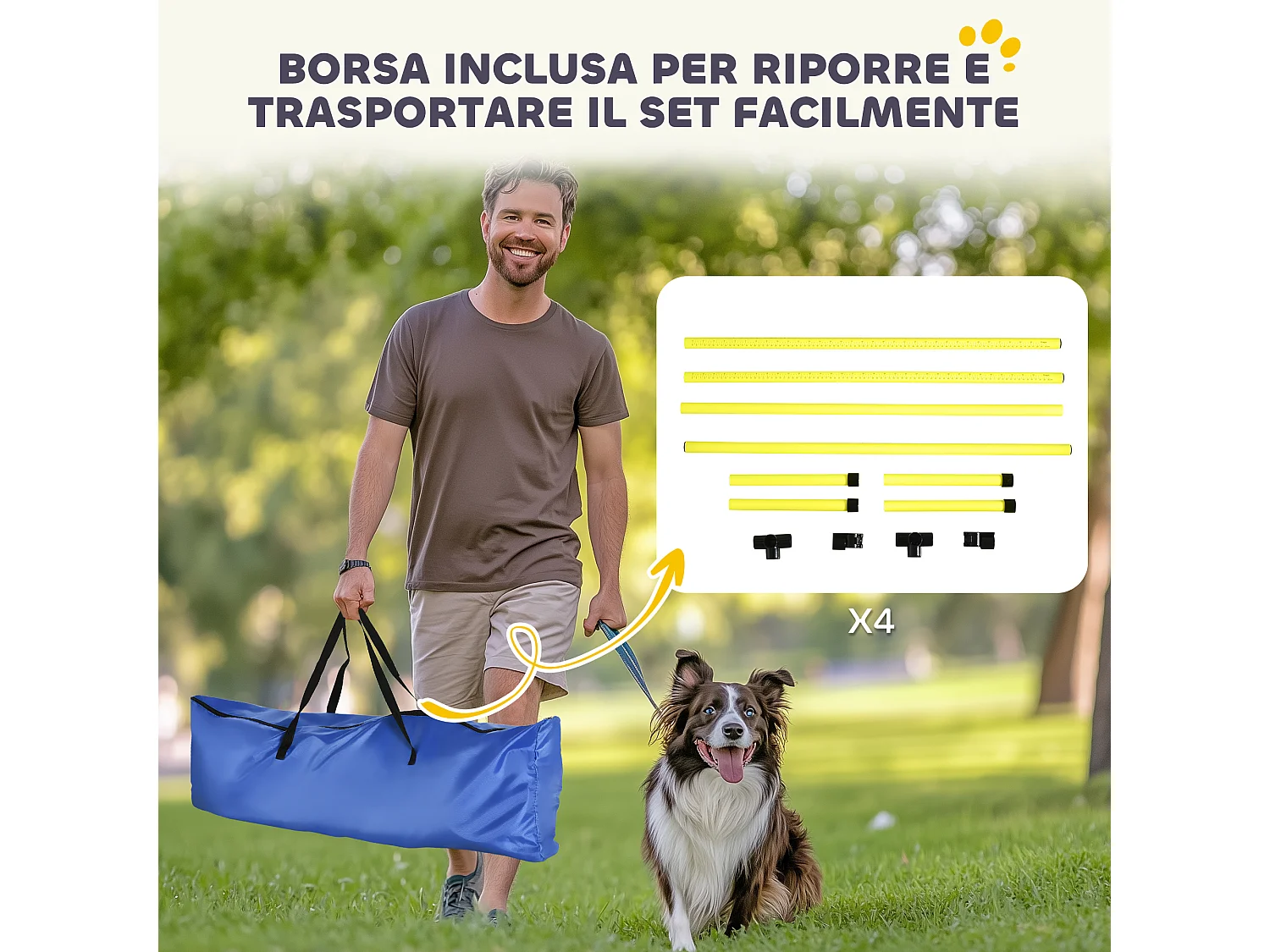 Set 4 ostacoli regolabili agility dog per addestramento cani giallo