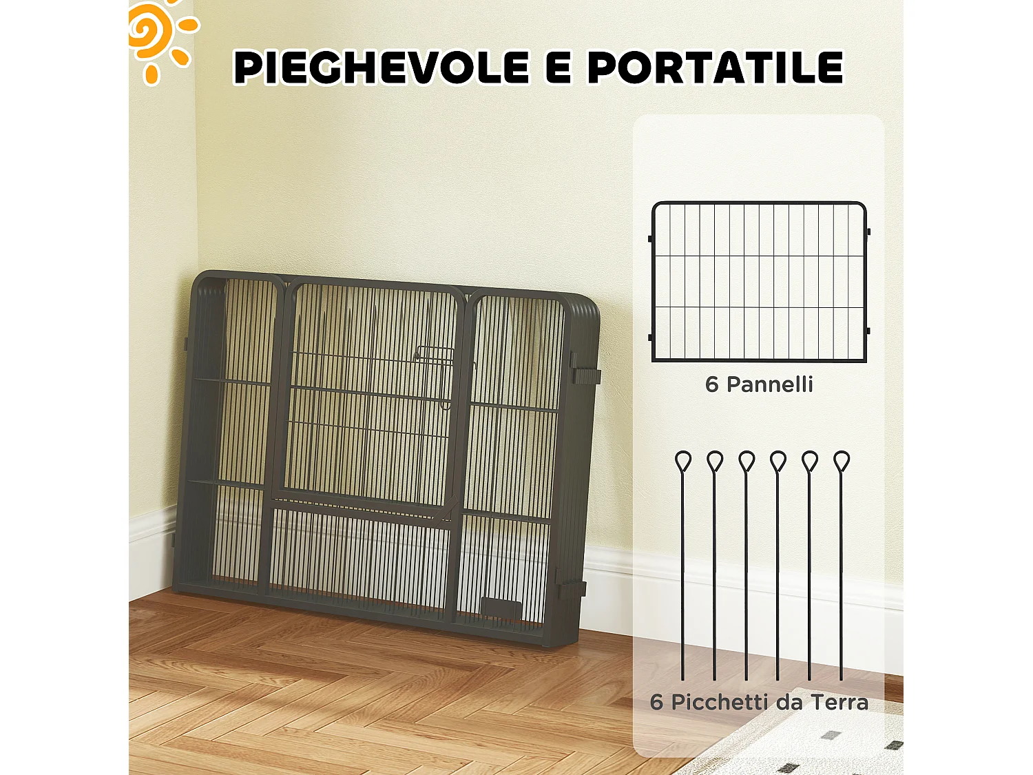 Recinto per cani a 6 pannelli da 80x1.5x60 cm in acciaio grigio scuro