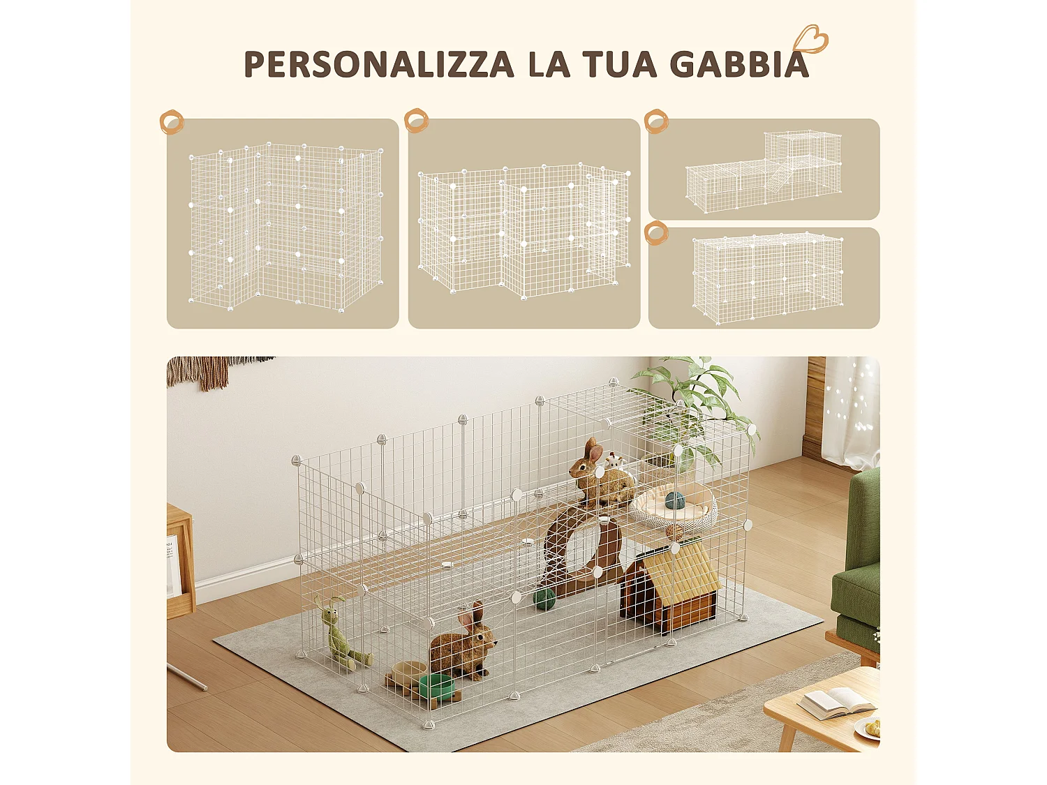 Recinto per animali modulare a 36 pannelli in metallo bianco