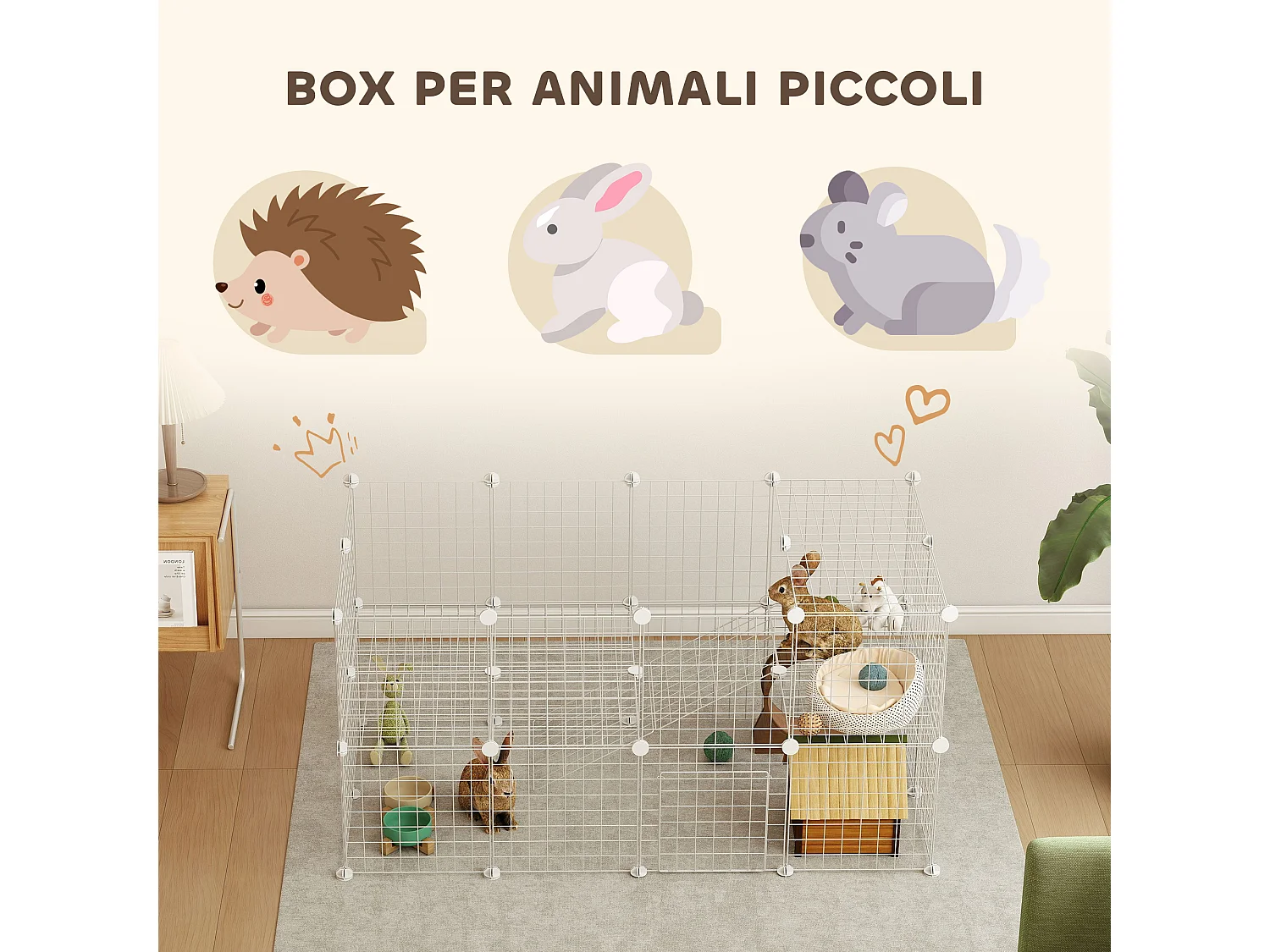 Recinto per animali modulare a 36 pannelli in metallo bianco