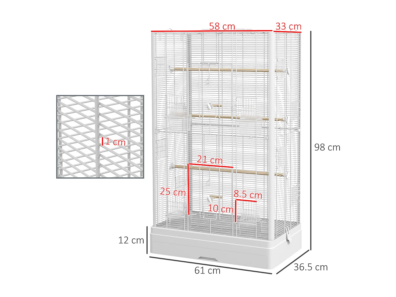 Voliera per uccelli con vassoio estraibile in acciaio bianco
