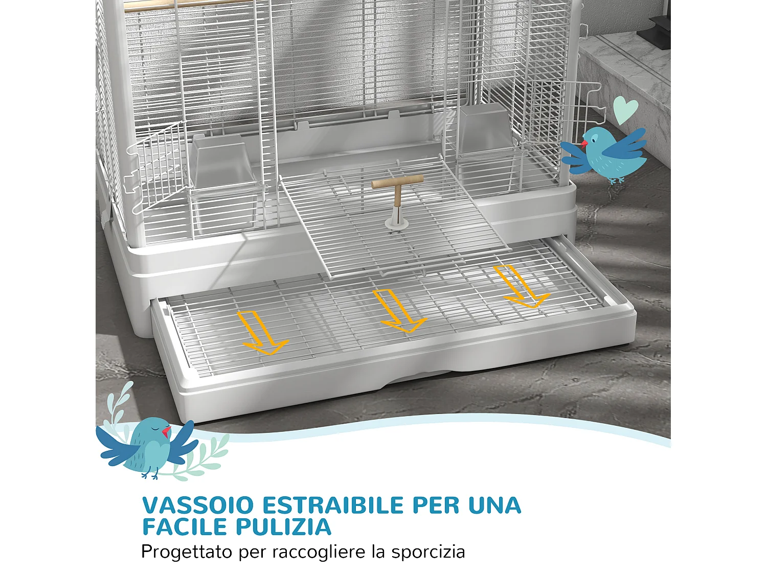 Voliera per uccelli con vassoio estraibile in acciaio bianco