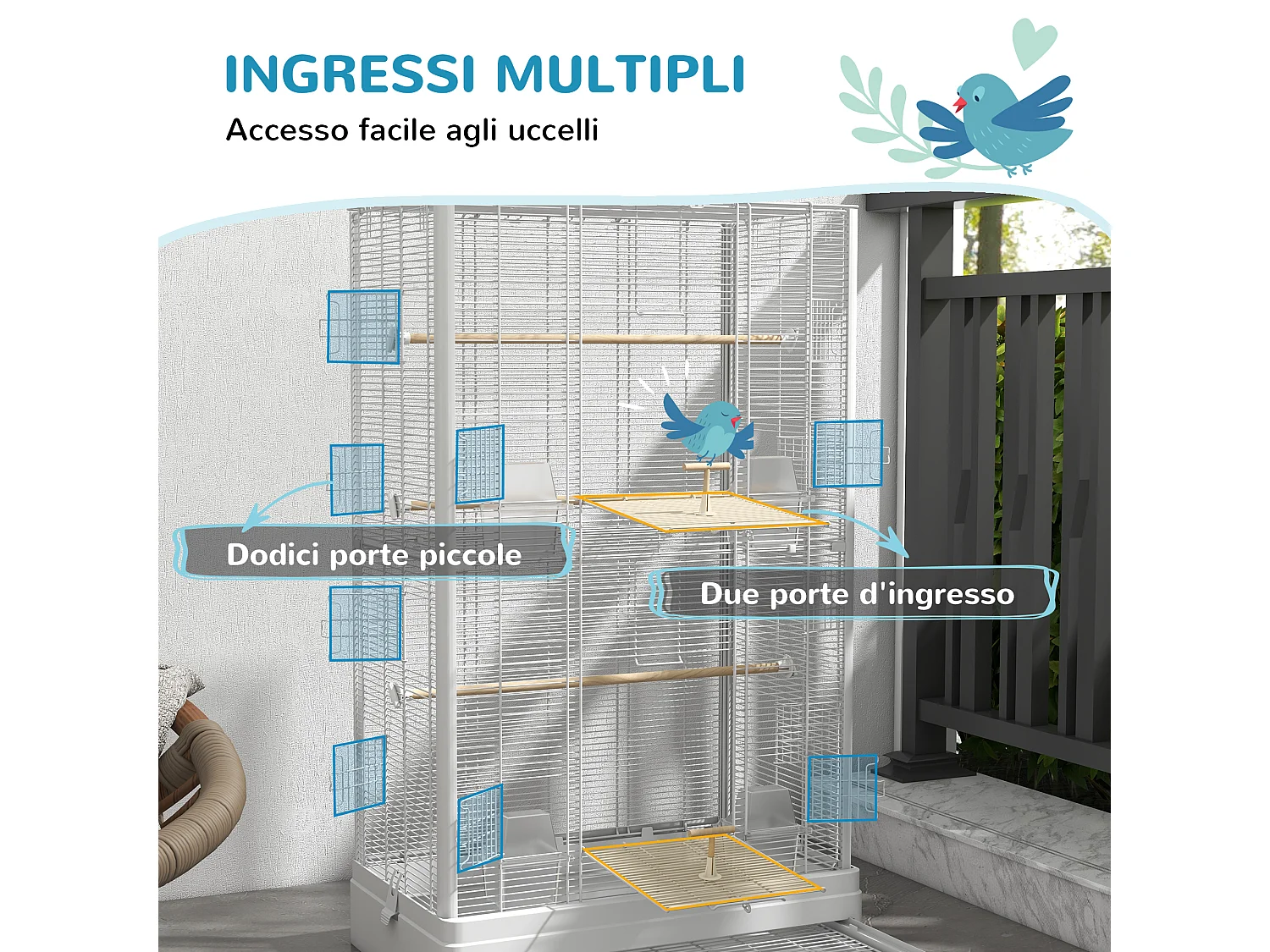 Voliera per uccelli con vassoio estraibile in acciaio bianco