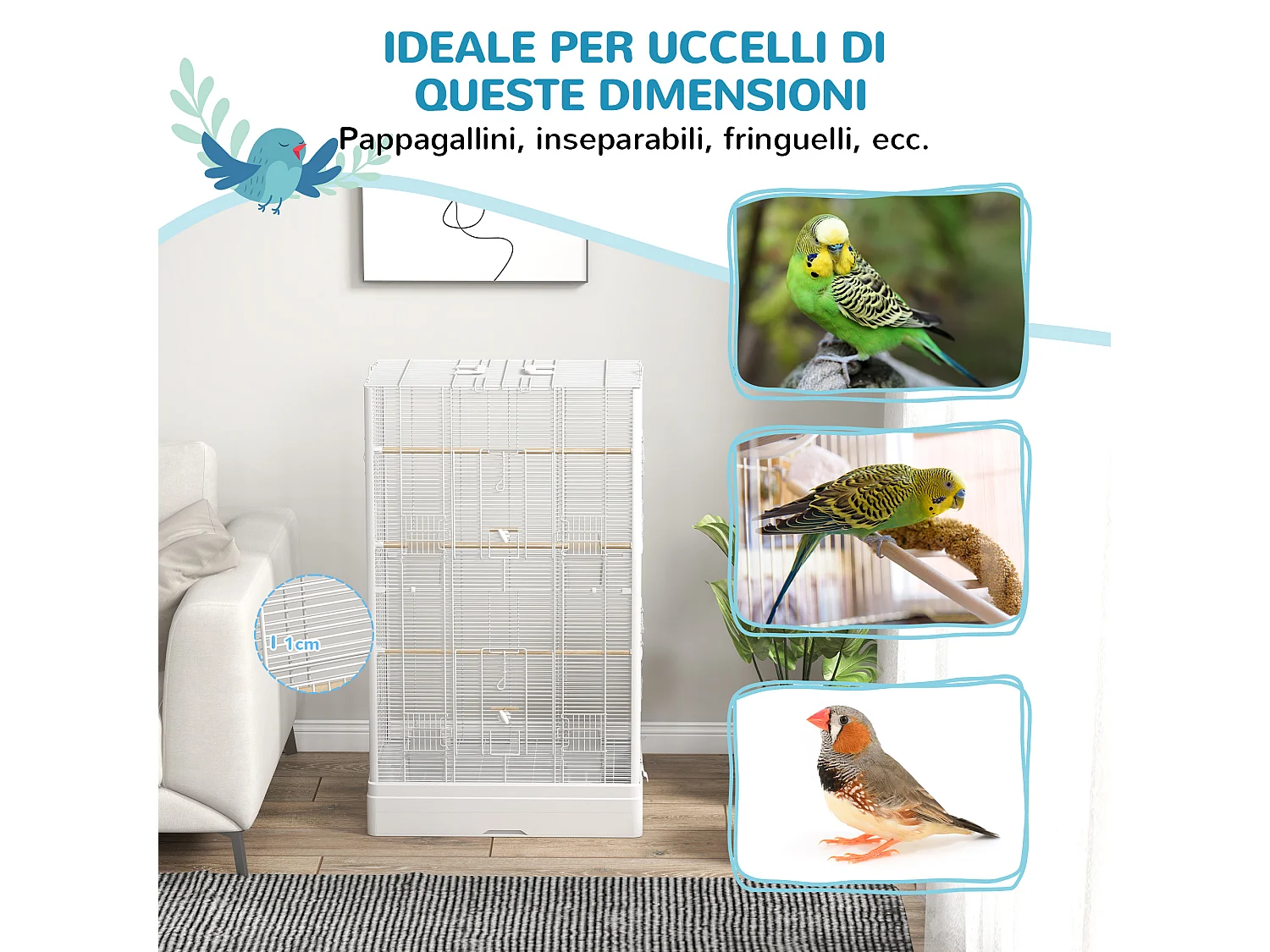 Voliera per uccelli con vassoio estraibile in acciaio bianco