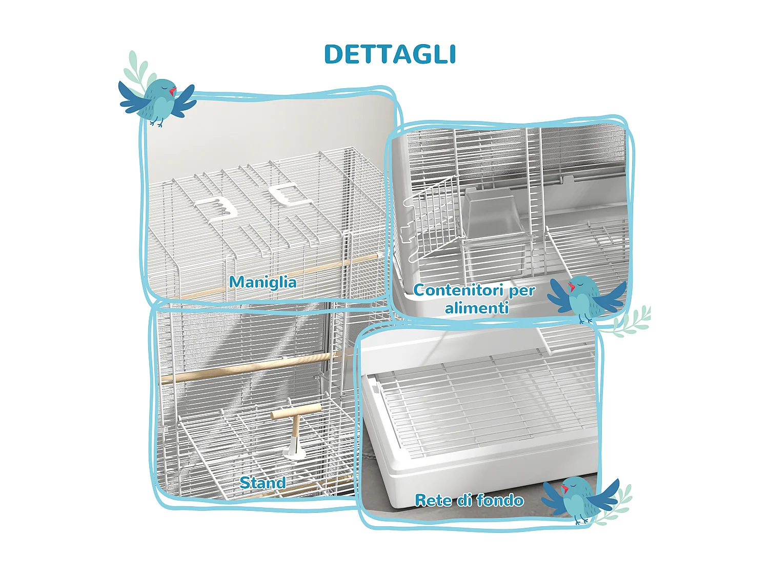 Voliera per uccelli con vassoio estraibile in acciaio bianco