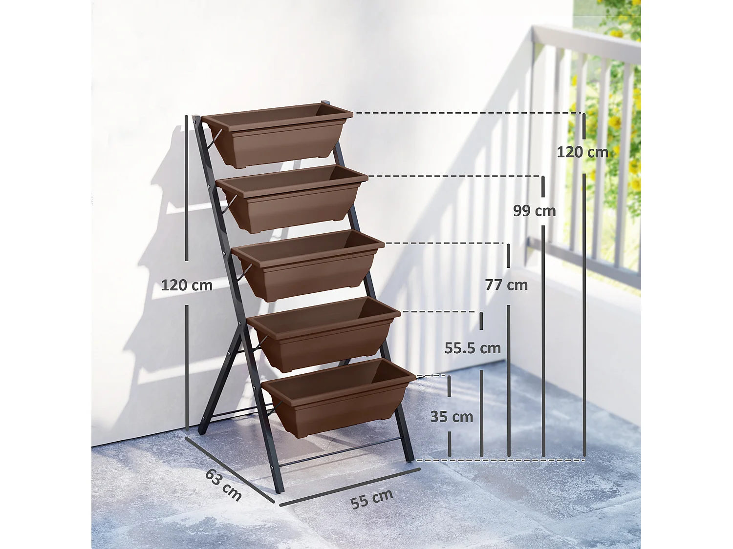Portapiante verticale a 5 livelli con 5 vasi in acciaio e pe marrone