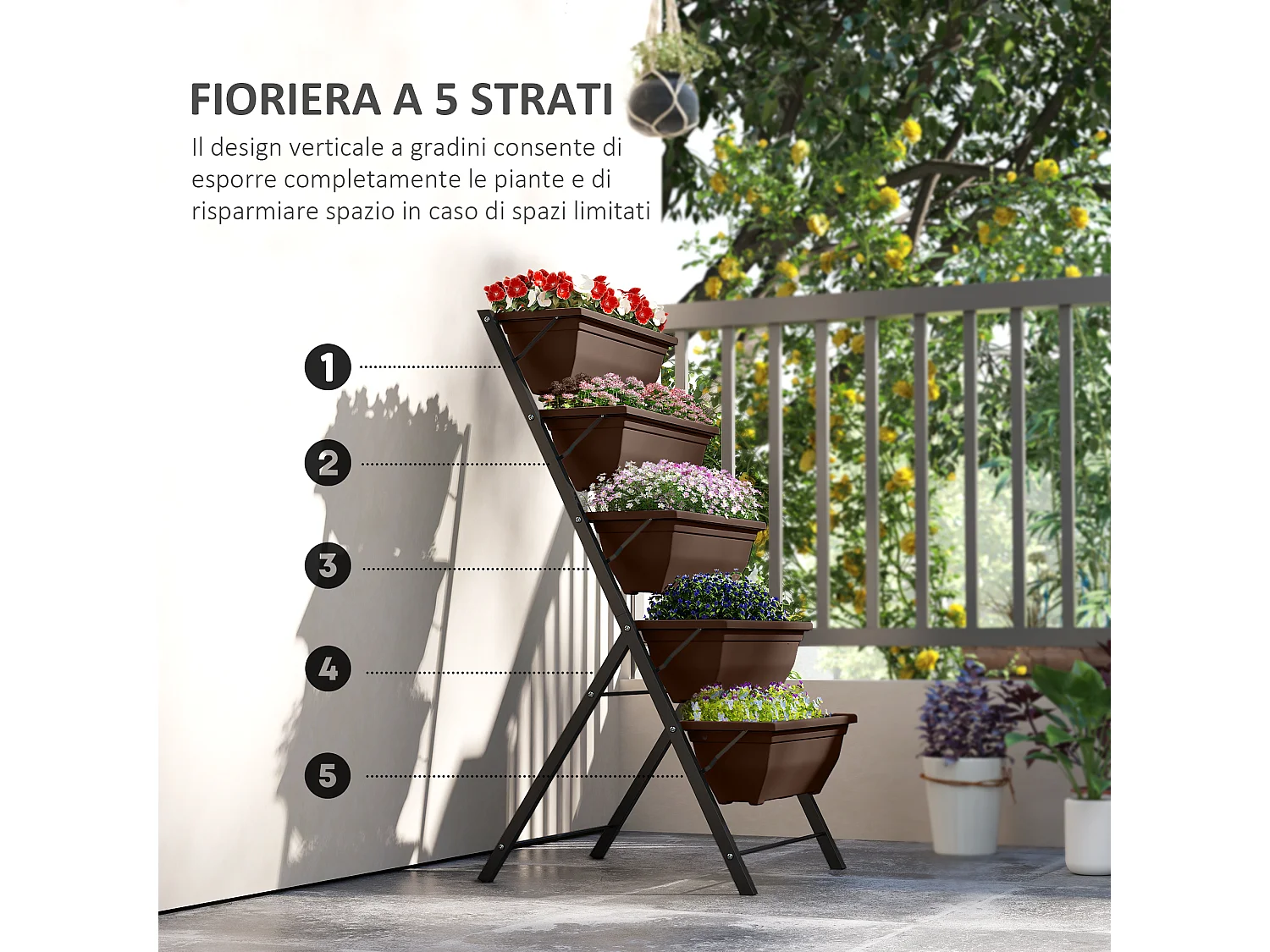 Portapiante verticale a 5 livelli con 5 vasi in acciaio e pe marrone