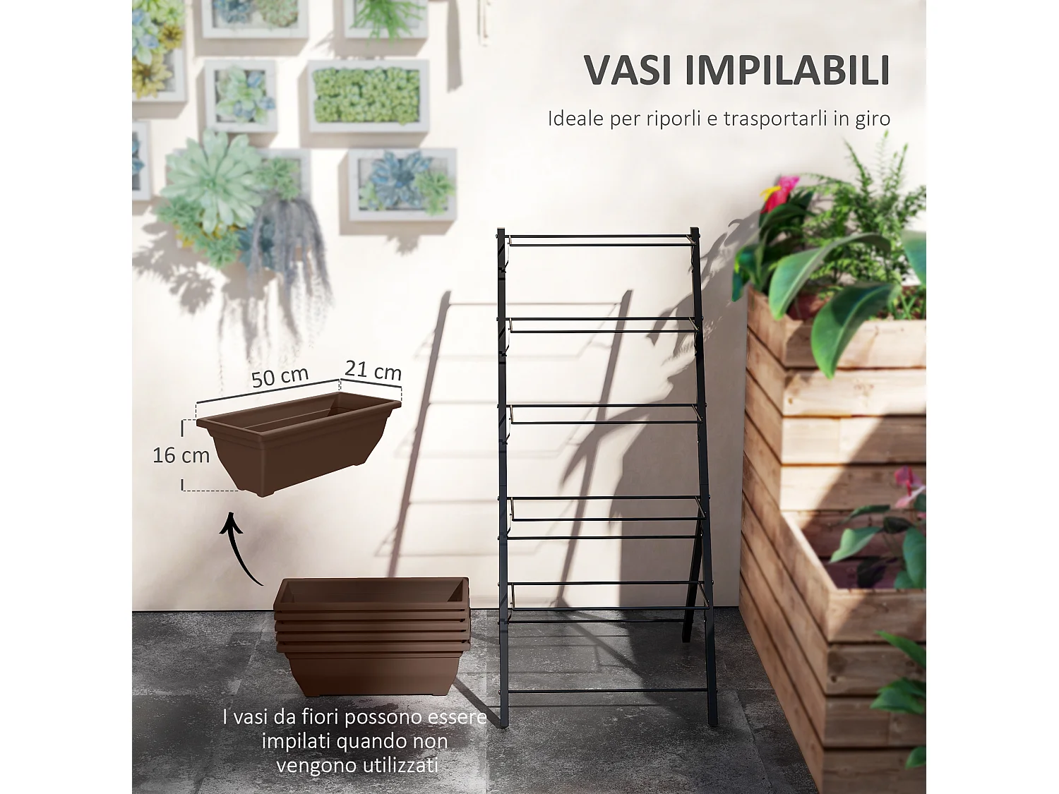 Portapiante verticale a 5 livelli con 5 vasi in acciaio e pe marrone