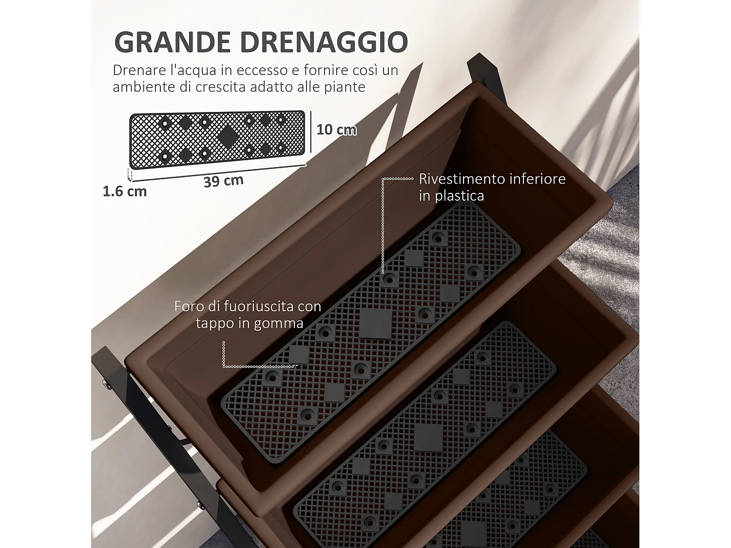 Portapiante verticale a 5 livelli con 5 vasi in acciaio e pe marrone