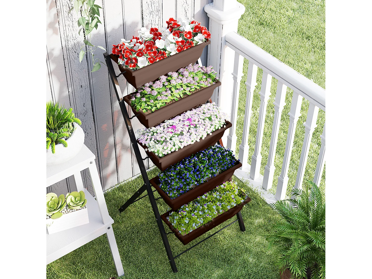 Portapiante verticale a 5 livelli con 5 vasi in acciaio e pe marrone