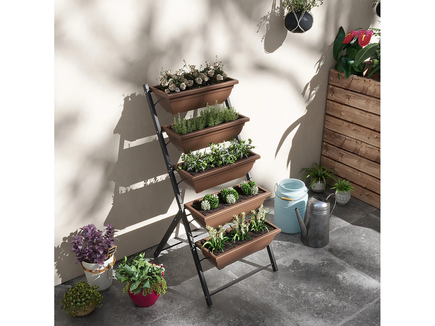 Portapiante verticale a 5 livelli con 5 vasi in acciaio e pe marrone