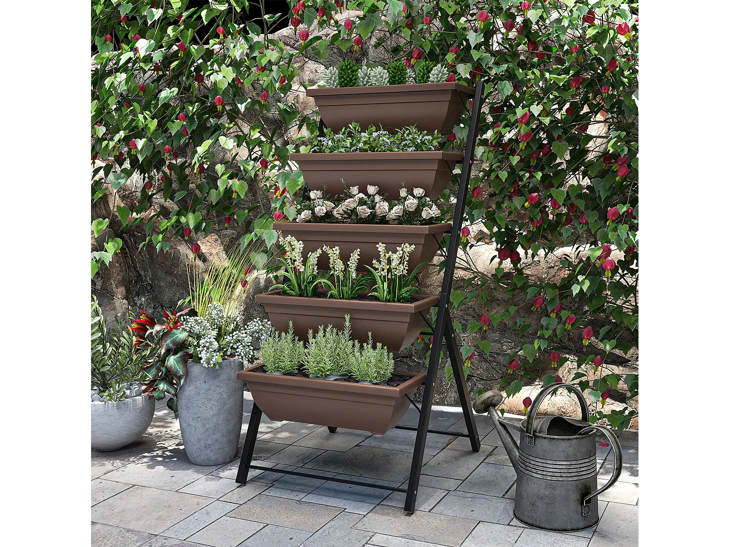 Portapiante verticale a 5 livelli con 5 vasi in acciaio e pe marrone