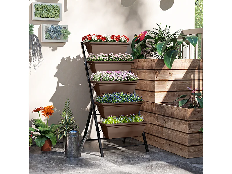 Portapiante verticale a 5 livelli con 5 vasi in acciaio e pe marrone