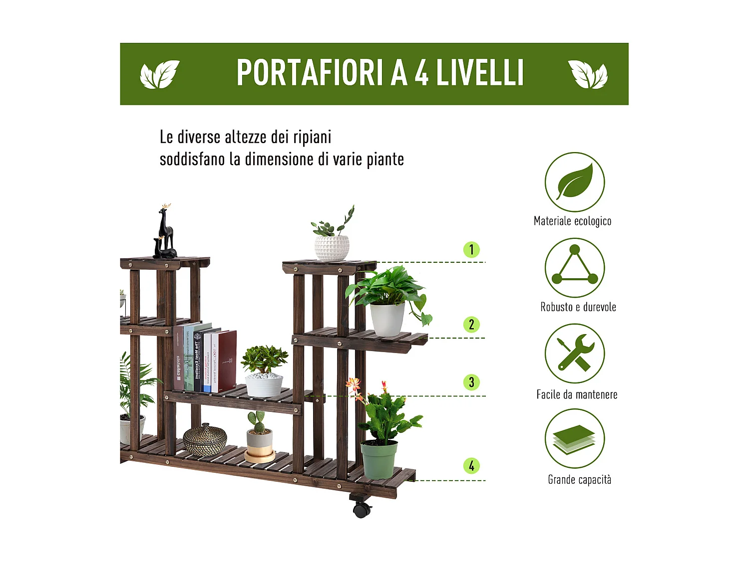 Porta Piante da Esterno Scaffale Portafiori a 4 Livelli  Fioriera in Legno con 4 Ruote