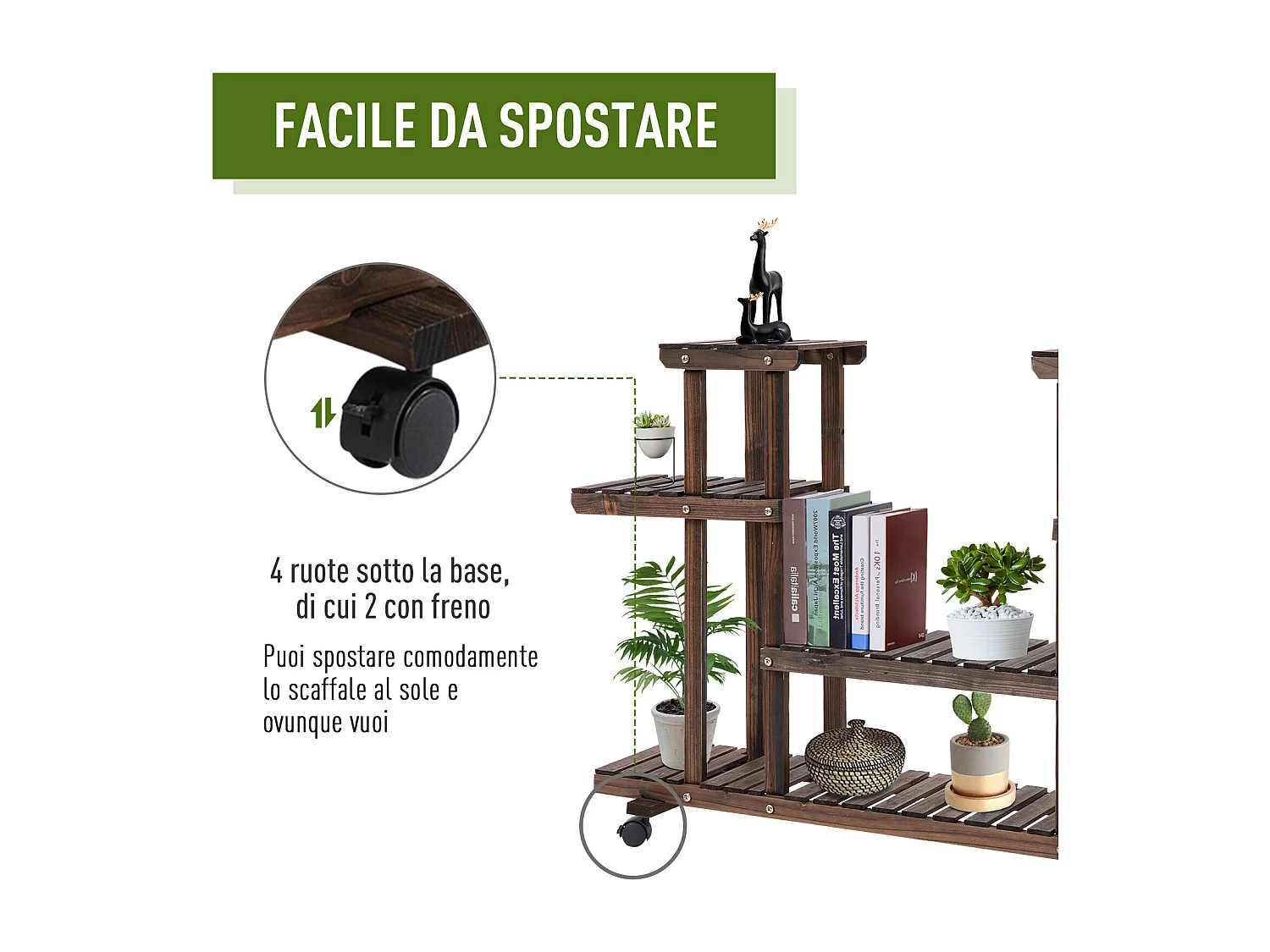 Porta Piante da Esterno Scaffale Portafiori a 4 Livelli  Fioriera in Legno con 4 Ruote