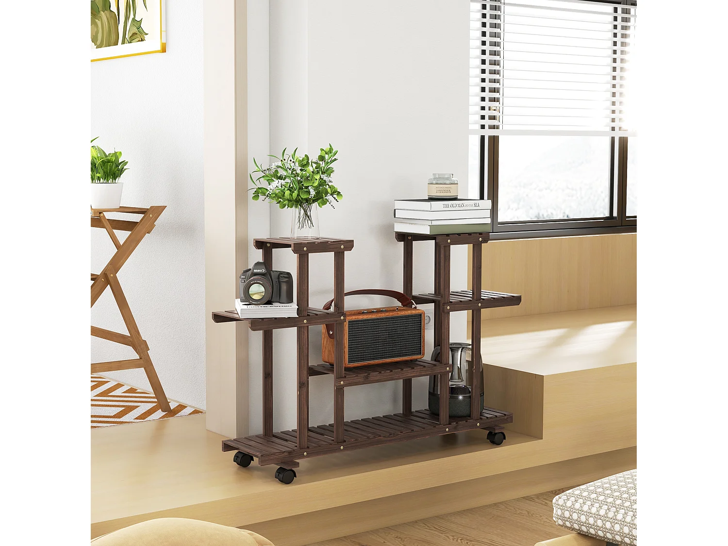 Porta Piante da Esterno Scaffale Portafiori a 4 Livelli  Fioriera in Legno con 4 Ruote