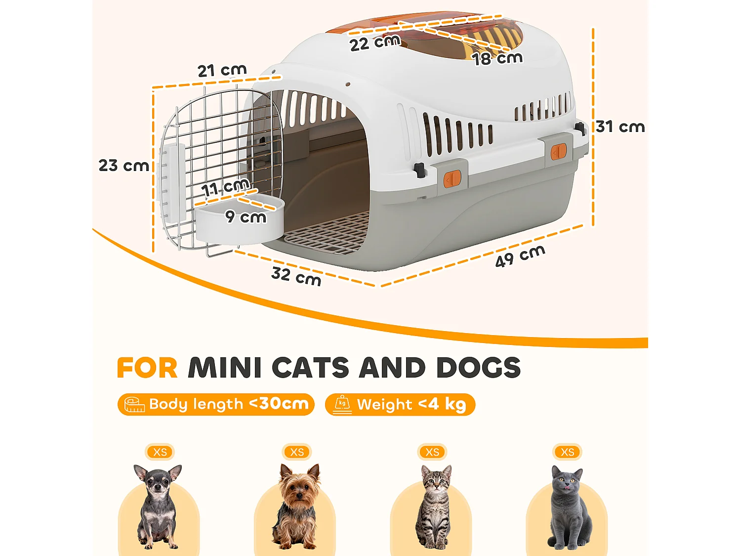 Trasportino per gatti e cani fino 4 kg con finestra superiore grigio