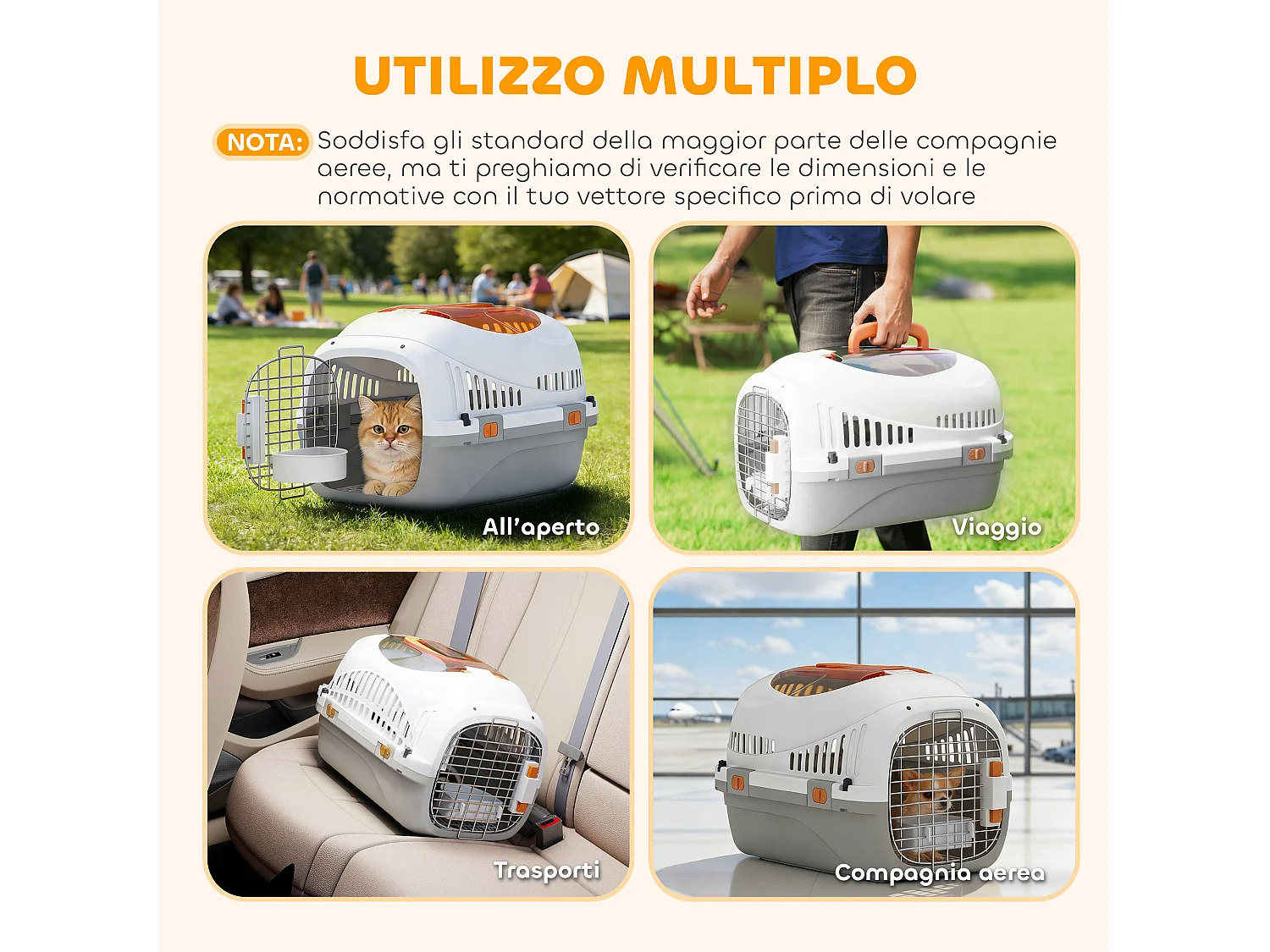 Trasportino per gatti e cani fino 4 kg con finestra superiore grigio