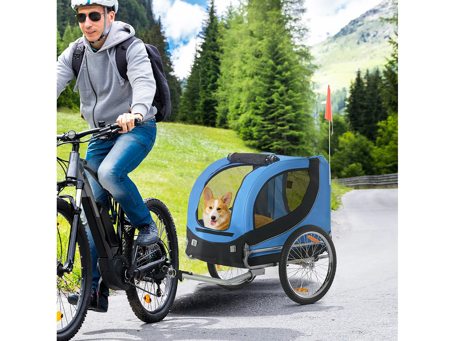 Rimorchio Bici per Cani Taglia Media con Punto di Attacco, Finestre Laterali e Bandierina, Rimorchio per Bici in Acciaio e Tessuto Oxford, 130x73x90 cm, Blu e Nero