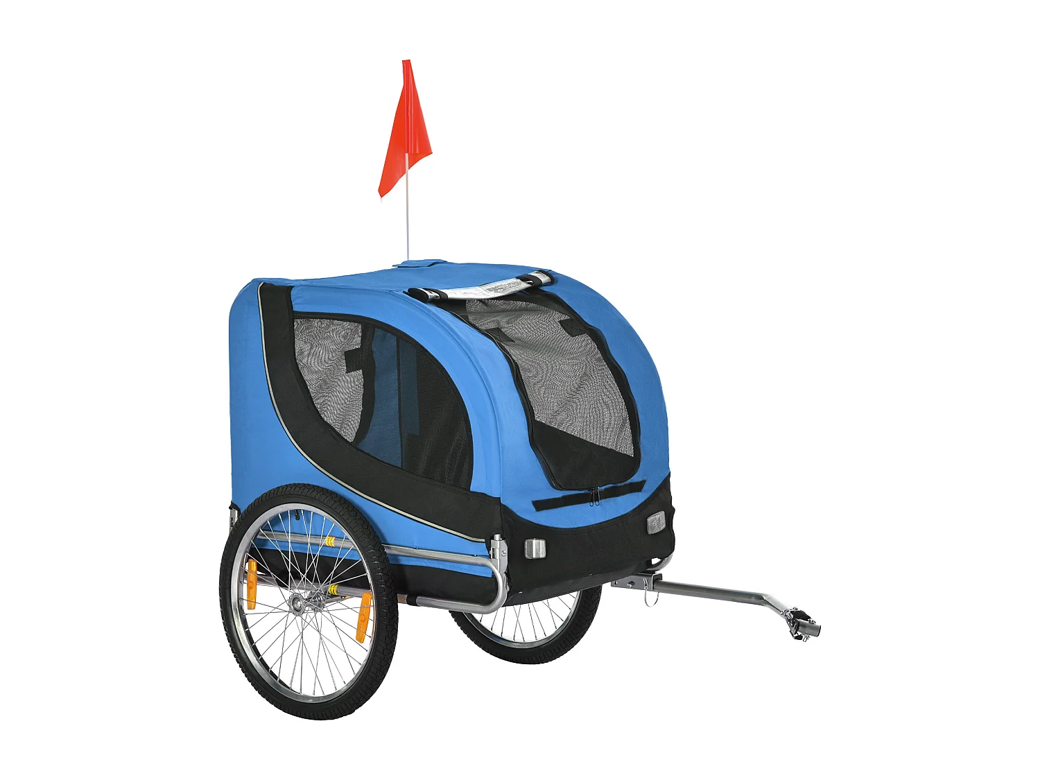 Rimorchio Bici per Cani Taglia Media con Punto di Attacco, Finestre Laterali e Bandierina, Rimorchio per Bici in Acciaio e Tessuto Oxford, 130x73x90 cm, Blu e Nero