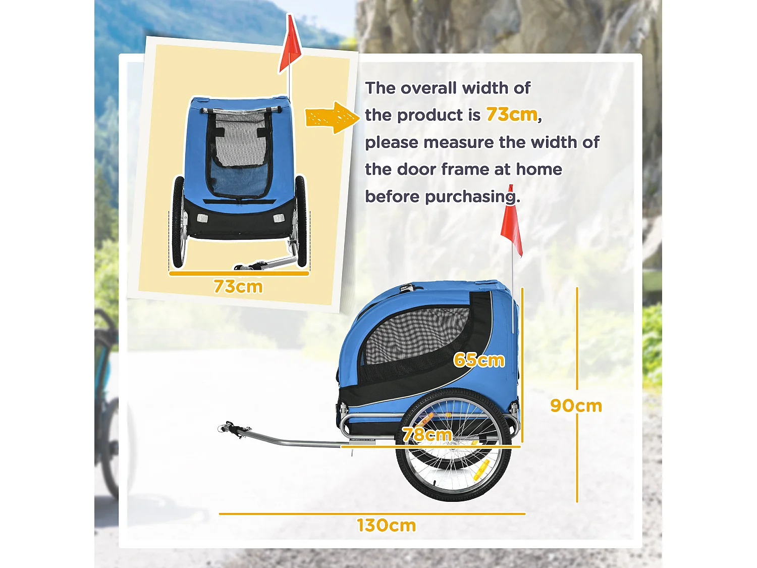 Rimorchio Bici per Cani Taglia Media con Punto di Attacco, Finestre Laterali e Bandierina, Rimorchio per Bici in Acciaio e Tessuto Oxford, 130x73x90 cm, Blu e Nero