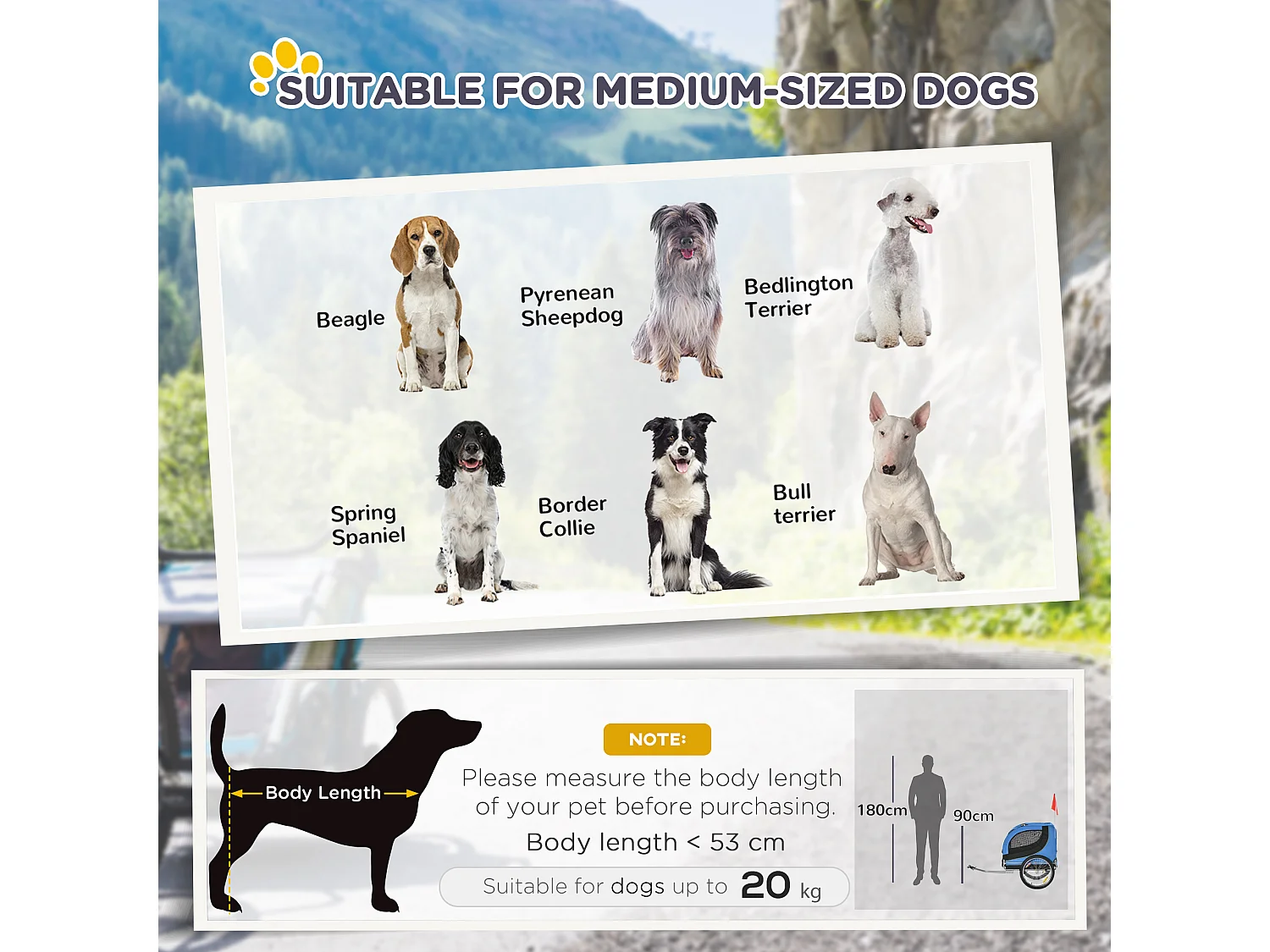 Rimorchio Bici per Cani Taglia Media con Punto di Attacco, Finestre Laterali e Bandierina, Rimorchio per Bici in Acciaio e Tessuto Oxford, 130x73x90 cm, Blu e Nero