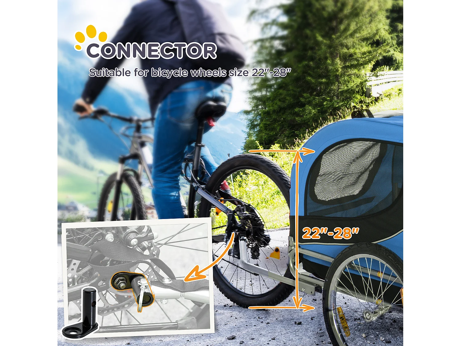 Rimorchio Bici per Cani Taglia Media con Punto di Attacco, Finestre Laterali e Bandierina, Rimorchio per Bici in Acciaio e Tessuto Oxford, 130x73x90 cm, Blu e Nero