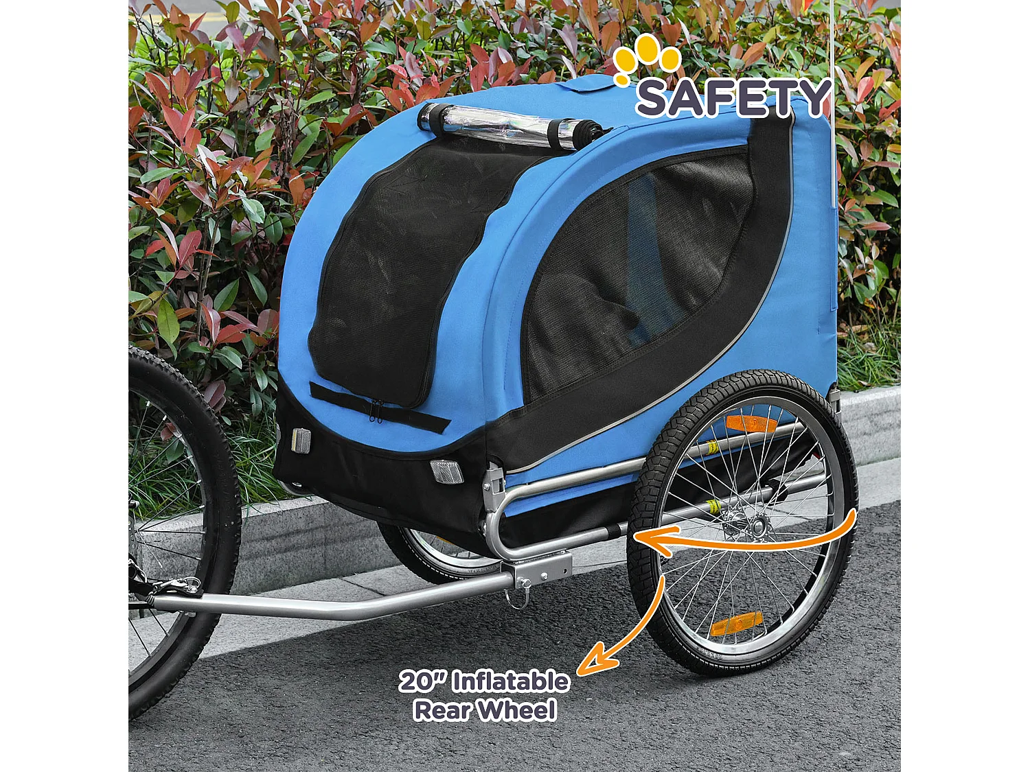 Rimorchio Bici per Cani Taglia Media con Punto di Attacco, Finestre Laterali e Bandierina, Rimorchio per Bici in Acciaio e Tessuto Oxford, 130x73x90 cm, Blu e Nero