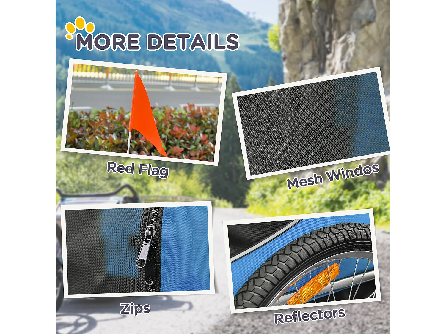 Rimorchio Bici per Cani Taglia Media con Punto di Attacco, Finestre Laterali e Bandierina, Rimorchio per Bici in Acciaio e Tessuto Oxford, 130x73x90 cm, Blu e Nero