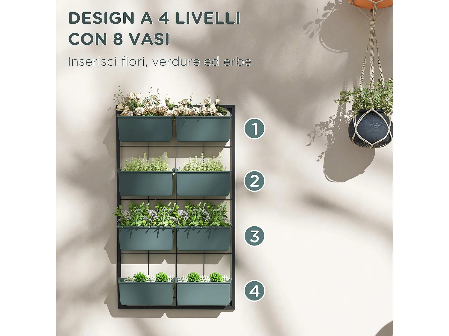 8 vasi da giardino su 4 livelli in acciaio e plastica verde