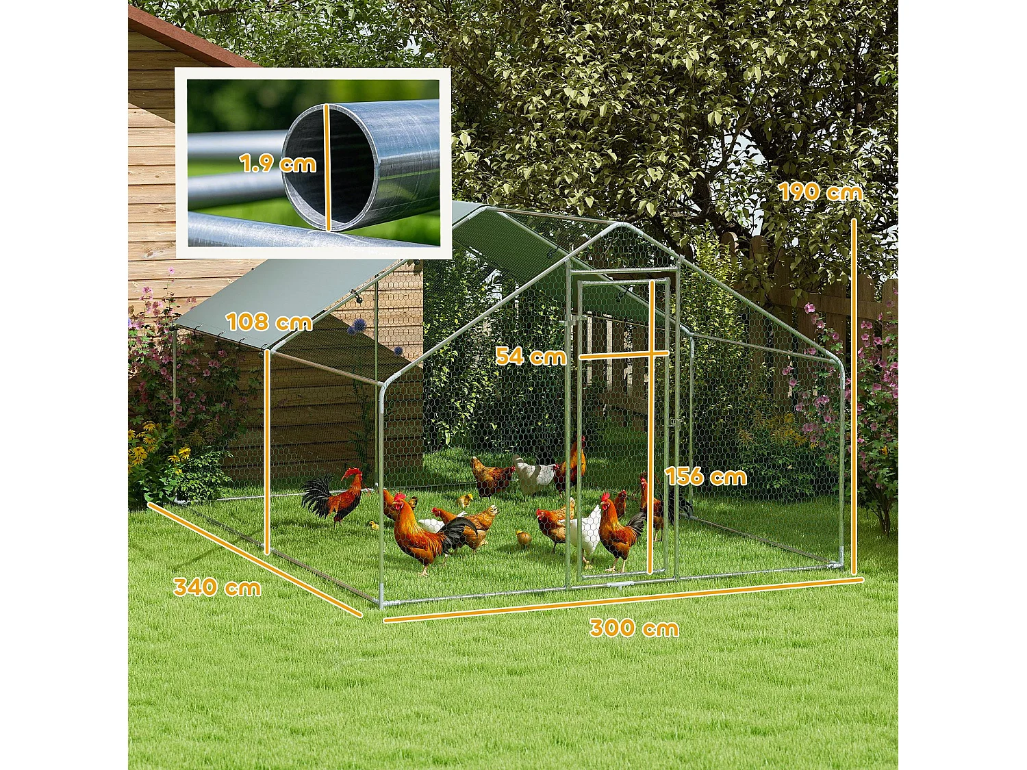 Recinto per galline da 10.2m² per 10-15 galline con tetto impermeabile