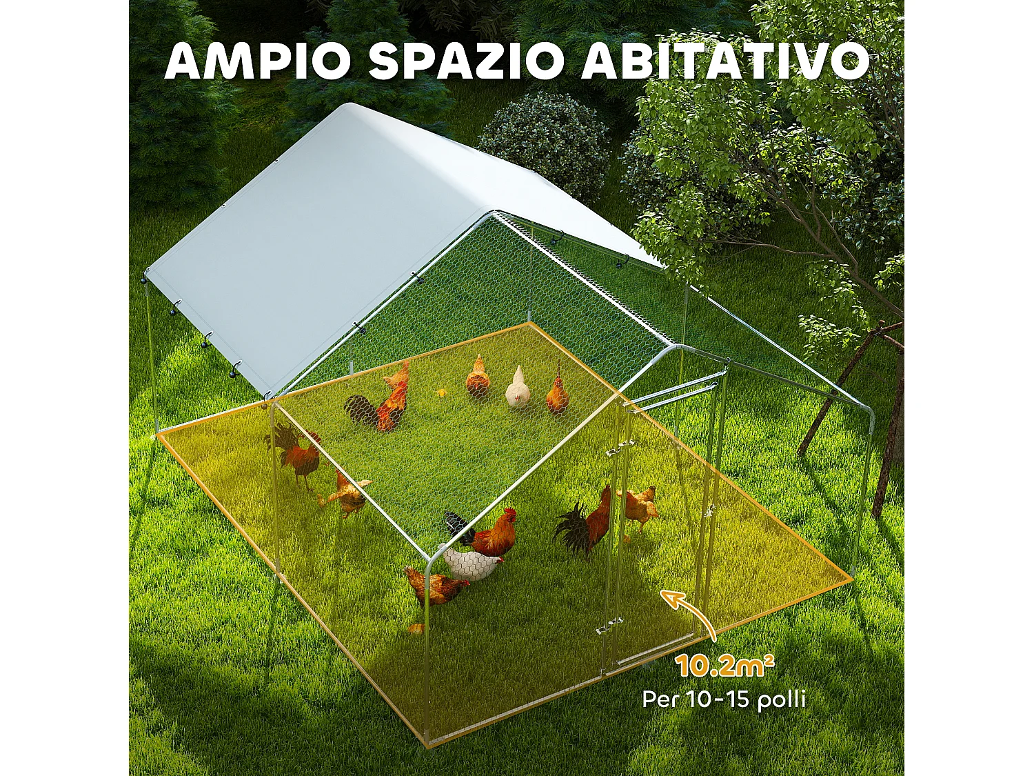 Recinto per galline da 10.2m² per 10-15 galline con tetto impermeabile