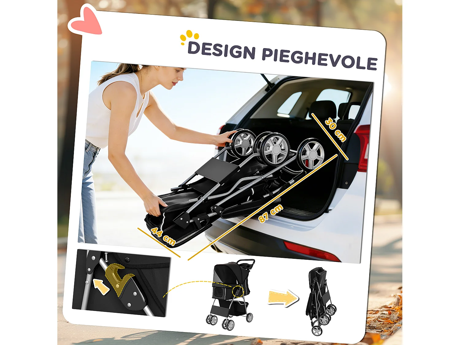 Passeggino per cani pieghevole con cestino e portabicchiere nero